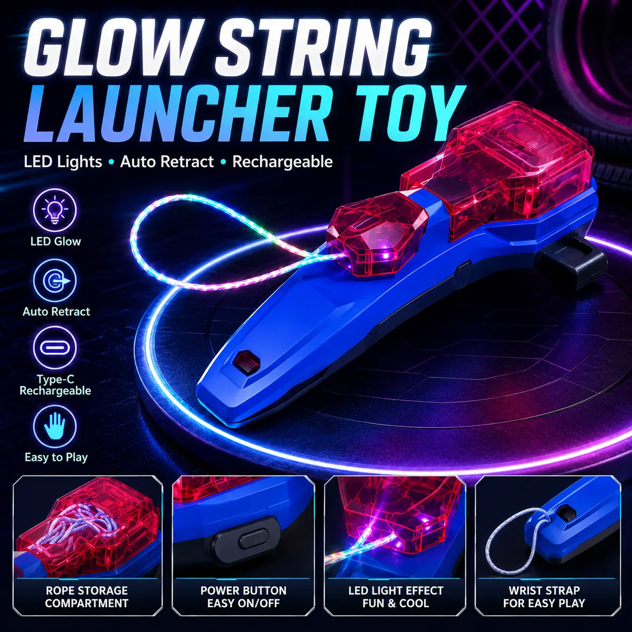 Glow String Launcher Toy – LED Web Shooter with Auto Retract for Kids Glow String Launcher Toy – LED Web Shooter with Auto Retract for Kids