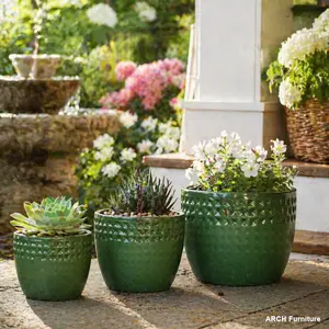 Handcrafted Ceramic Pot Set of 3 (15/12/9 in Diameter) - Green Diamond Texture, Breathable Clay, for Orchids, Succulents, Indoor/Outdoor Windowsill Use