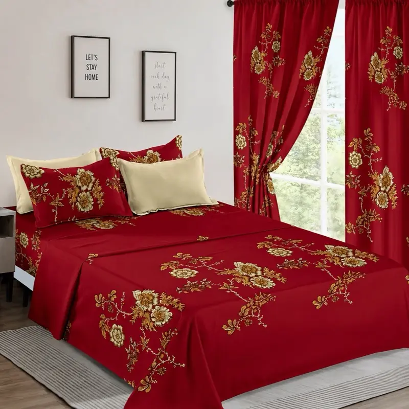 Red Floral Bedding Set with Matching Curtains and Pillows for a Vibrant Bedroom Decor - Bold Floral Design, Cohesive Look, Fresh Aesthetic