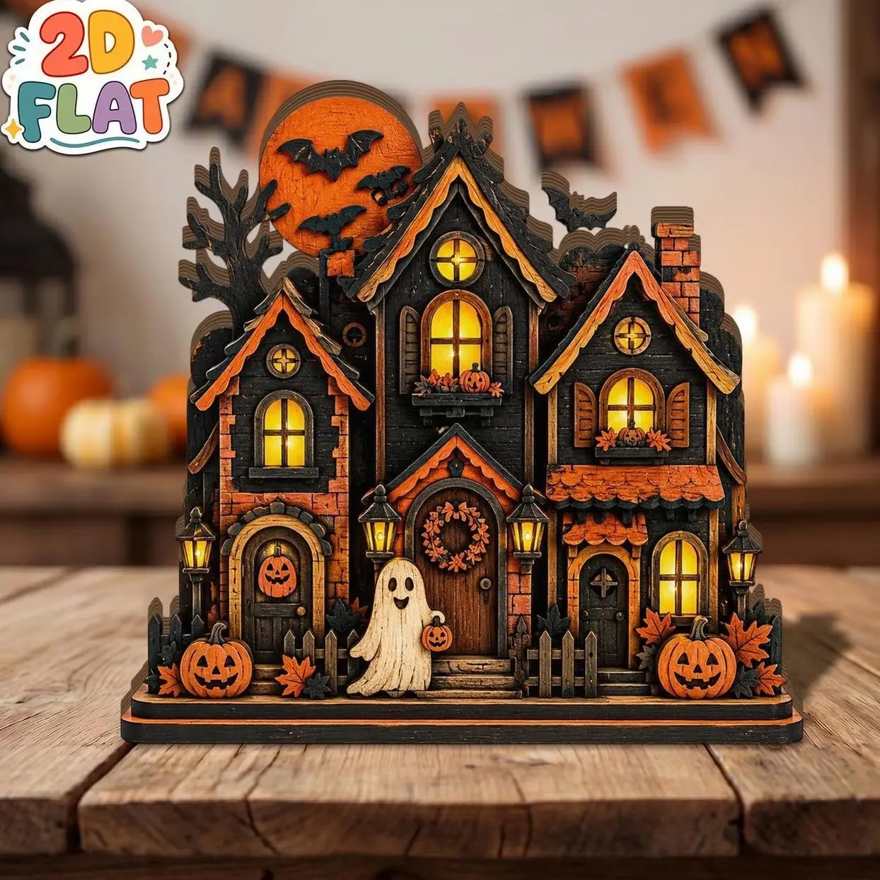 Haunted Mansion Wooden Block, Spooky Pumpkin House Decor, Rustic Halloween Shelf Gift