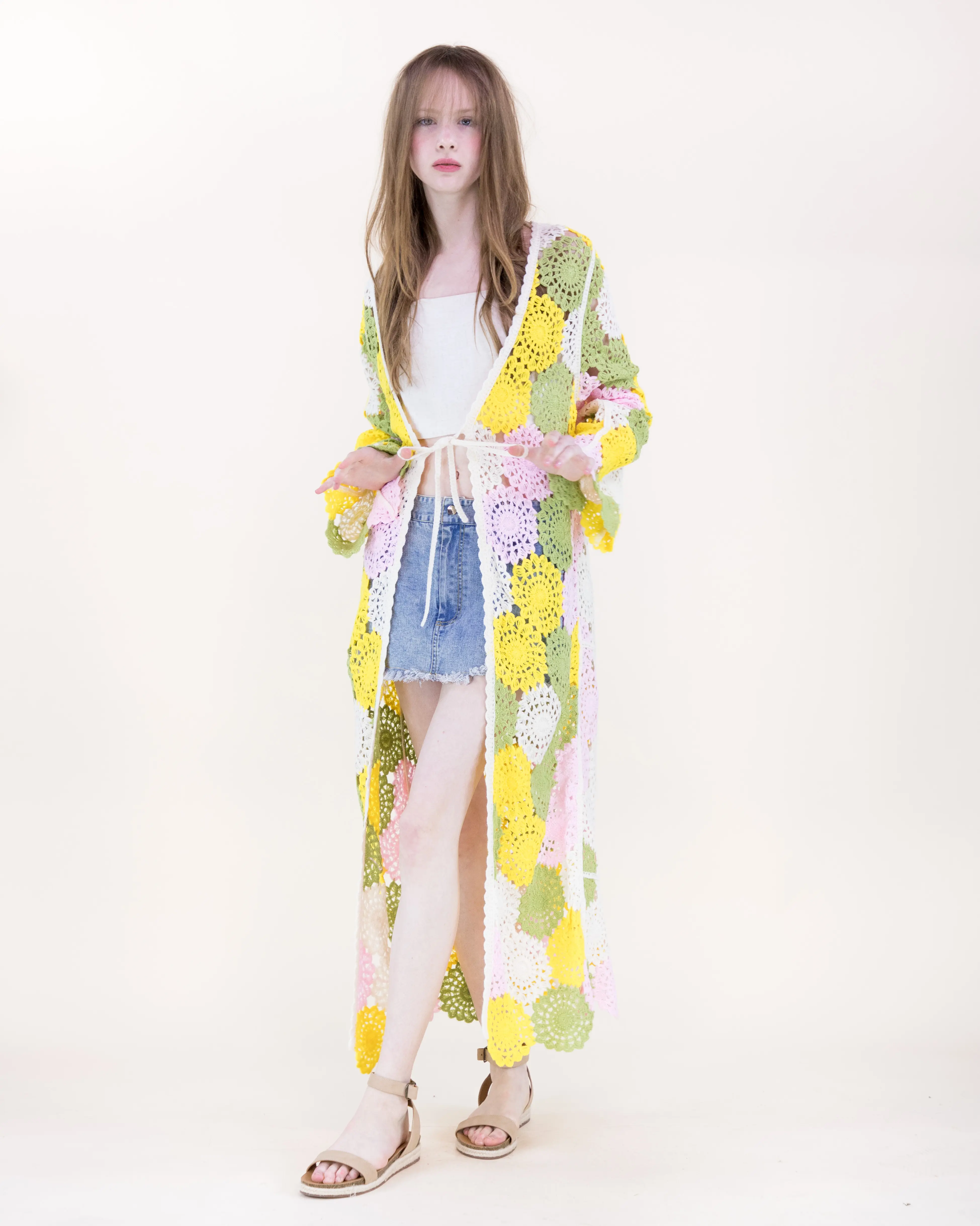 Women's Pastel Circle Crochet Duster Cardigan - Cute Long Sleeve Patchwork Open-Knit Boho Cover-Up for Outfits, Lightweight Style