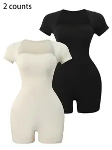 Women's Basic Square Neck Sports Romper, Pickleball & Tennis Clothes, Lady Sporty Short Sleeve Ribbed Romper, Ladies Minimalistic Clothes for Indoor Outdoor Wear, Womenswear, Gym Clothing, Stretchable Activewear