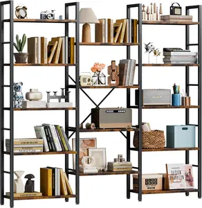 Shintenchi Triple 5 Tier Bookshelf, Industrial Large Bookcase with 14 Open Display Shelves, Large Etagere Bookshelf,Wide Book Shelf Book Case for Home & Office, Brown