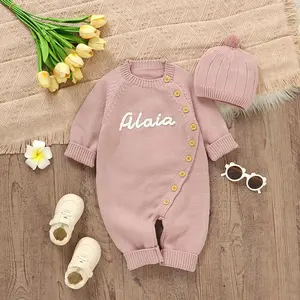 Mimixiong Handmade Embroidery Custom Baby Name Romper Sweater Coat, Newborn Soft Knitted Fabric, Comfortable Fit, Unique Baby Sweater Set with Baby Hat