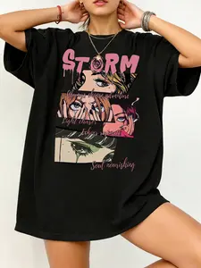 Women's Summer Casual Loose-Fitting Short Sleeve Round Neck T-Shirt, Anime Comic Print Graphic Oversized Top, Streetwear Storm Tee