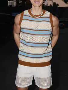 Men's Summer Trendy Knit Fitted Tank Top Vest, Blue Striped Design, Soft Breathable Pullover, Casual Beach Style, New 2026 Men's Fashion
