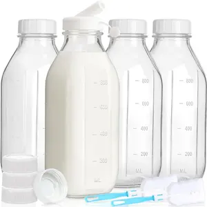 Milk Bottle with Dispenser Cap - 4 Pack 32 Oz Drinking Jars with Screw Lids, Airtight Heavy Duty Reusable Glass Bottles for Milk, Water, Juice, Honey, Jam - Dishwasher Safe