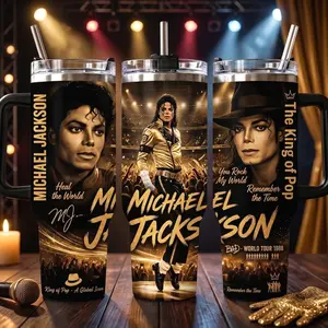 M.Jackson The King of Pop Tumbler 40oz with Handle, Dangerous Tour Bad 1988 World Tour Stainless Steel Cup, Heal The World Remember The Time Travel Mug with Straw, You Rock My World Gold Icon Merch, Retro Music Fan Gift for Him, Men