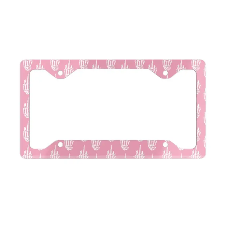 Pink Skeleton Middle Finger License Plate Frame | Funny Aluminum Humor
