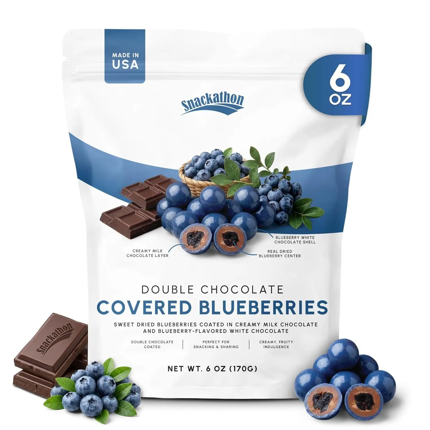 Snackathon Double Chocolate Covered Blueberries, 6 OZ or 18 OZ, Dried Blueberries Coated in Milk & White Chocolate, Creamy & Fruity Gourmet Chocolate Candy for Snacking & Gifting
