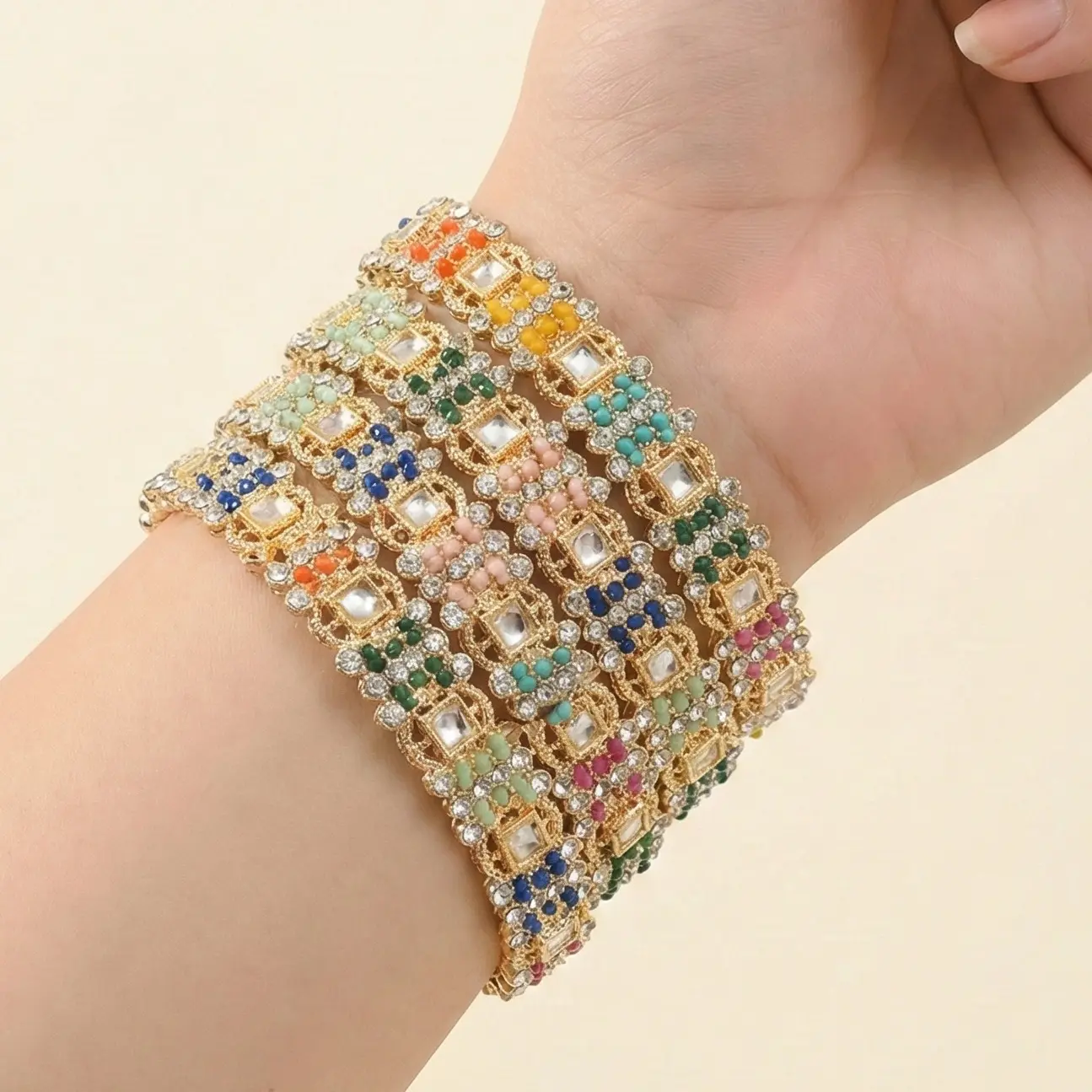 4-Piece Faux Pearl Beaded Bangle Stack, Versatile Indian Statement Jewelry with Premium Sparkle for Weddings & Special Events, Event