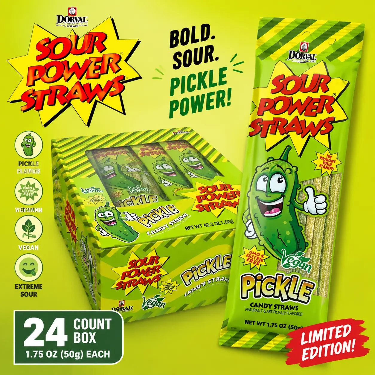 Sour Power Pickle Flavor Sour Straws Limited Edition 1.75 oz 24 Count  Sweet & Sour Chewy Candy Straws | Fun Novelty Candy