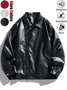 New Unisex Fashionable Oversized Windproof Warm Waterproof Durable Crocodile-Textured Red Leather Motorcycle Jacket, Versatile Multi-Pocket Personalized Trendy Couple's Leather Outfit, Ideal for Daily Commuting, Wilderness Exploration, Hiking, Fishing Out