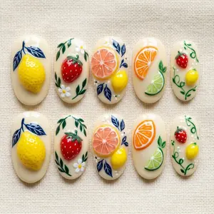 EG31- Lemon Blueberry Picnic Press-On Nails, 3D Citrus Slice & Berry Detail with Soft Plaid French Tips, Glossy Handmade Almond Nail Set, Fresh Summer Holiday Aesthetic, Handmade Nails, Gift for Her, Custom Nail