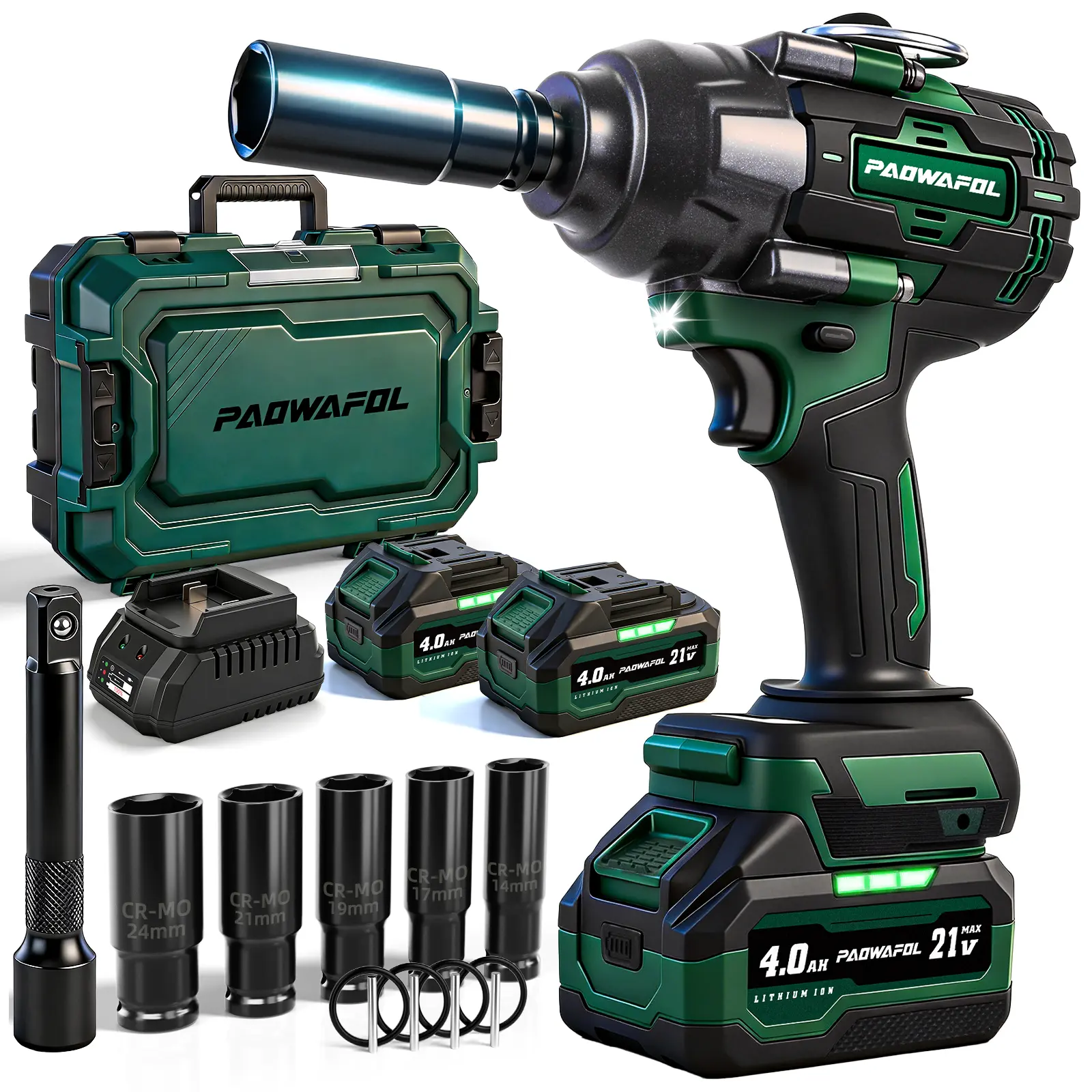 PAOWAFOL 2026 Impact Wrench 1050N.m, 1/2" Impact Gun with 2x4.0Ah Battery, 21V Cordless Impact Driver High Torque with 5 Sockets, Pistola Llave De Impacto Brushless for Truck RV Home Car
