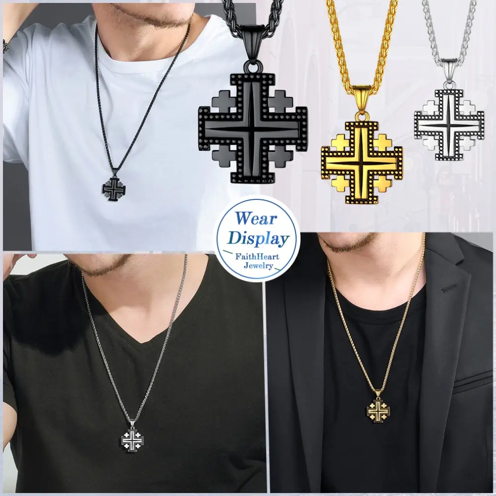 FaithHeart Men's Religious Jerusalem Cross Necklace, Stainless Steel Pendant Jewellery with Cross Chain Design, Crucifix Cross Necklace