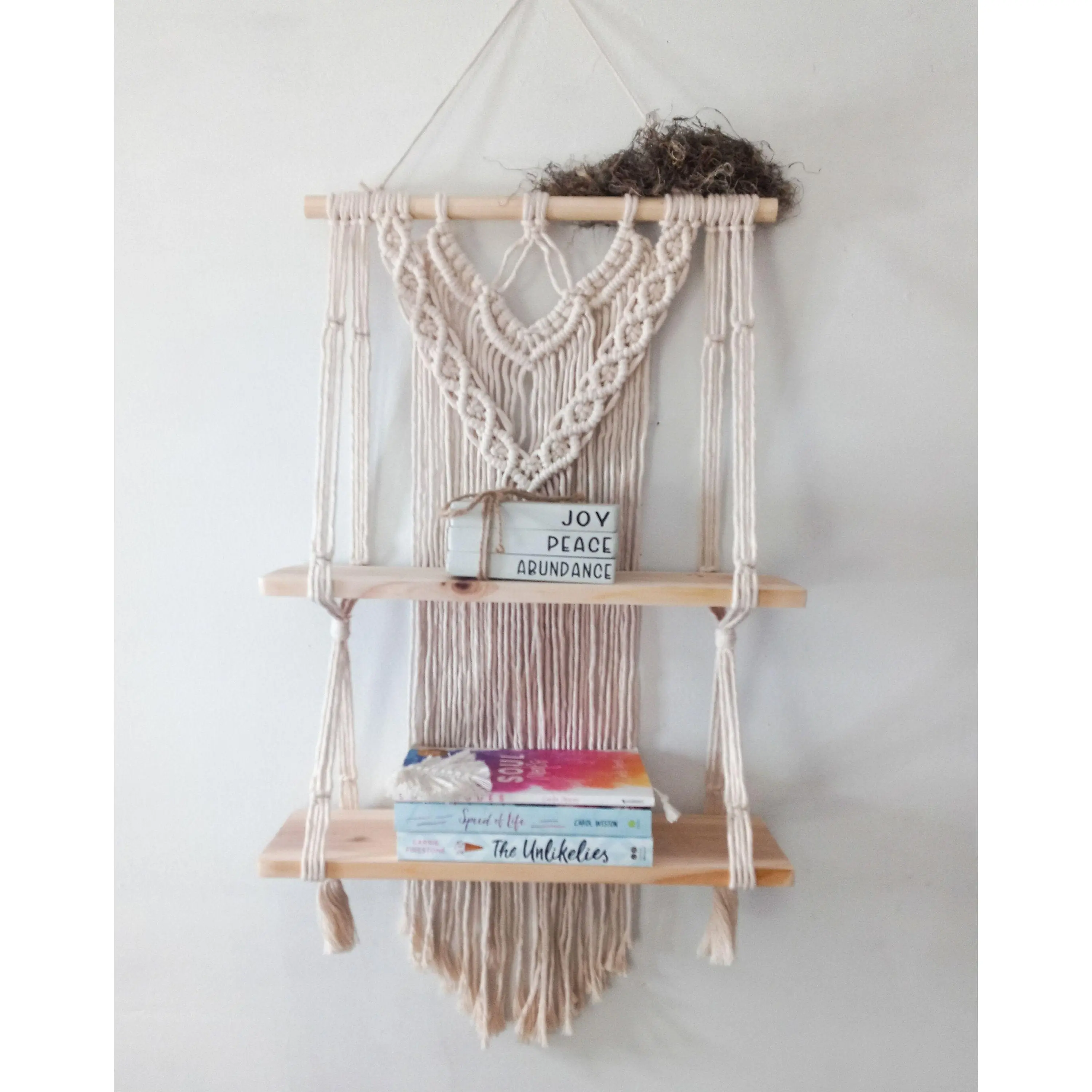 Macrame Hanging Shelf, Two Tier Wood Shelf, Macrame Floating Double Shelf