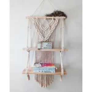 Macrame Hanging Shelf, Two Tier Wood Shelf, Macrame Floating Double Shelf
