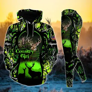 Premium Deerhorn Country Girl Personalized 3D Hoodie & Leggings 9-Piece Combo Set – Country Camo Hunting Outfit, Custom Name Gift for Women