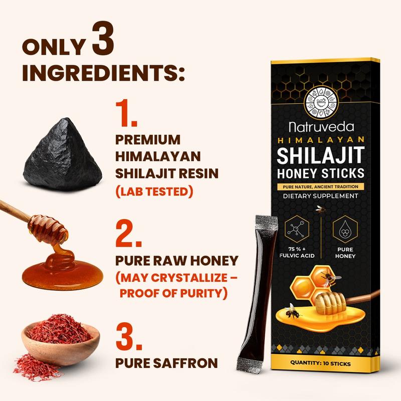 Natruveda Himalayan Shilajit Honey Sticks for Men & Women -  75%+ Fulvic Acid & Trace Minerals - Raw Honey, Saffron & Himalayan Shilajit Resin - Energy Support - (Pack of 10) Natural