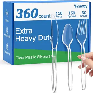 Dealusy 360 Count Extra Heavy Duty Clear Plastic Silverware, 150 Forks, 150 Spoons, 60 Knives, BPA-Free, Heat Resistant, Disposable Plastic Utensils Set, Plastic Cutlery Set, Plasticware Bulk