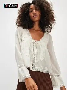 Women's Contrast Lace Tie Front Long Sleeve Blouse, Boho Casual Flounce Sleeve Top for Daily Holiday Vacation Wear, Women Clothing for Spring & Fall