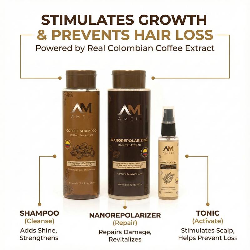 AMELI KIT SHAMPOO TRATAMIENTO NANOREPOLIZADOR Y TONICO DE CAFE Haircare with Coffee Extract for Daily Use Cleanser & Conditioner Haircare Daily Use Daily Use Haircare