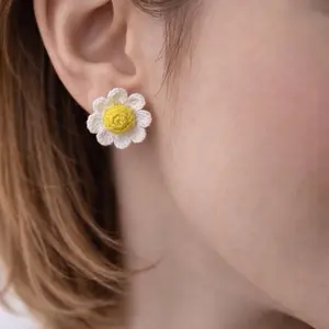 Flower Earrings Collection - White Daisy with Yellow Center Crochet Ear Studs for Women