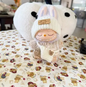 Labubu clothes White bear logo hat, khaki double stitch bear sweater, white small bag