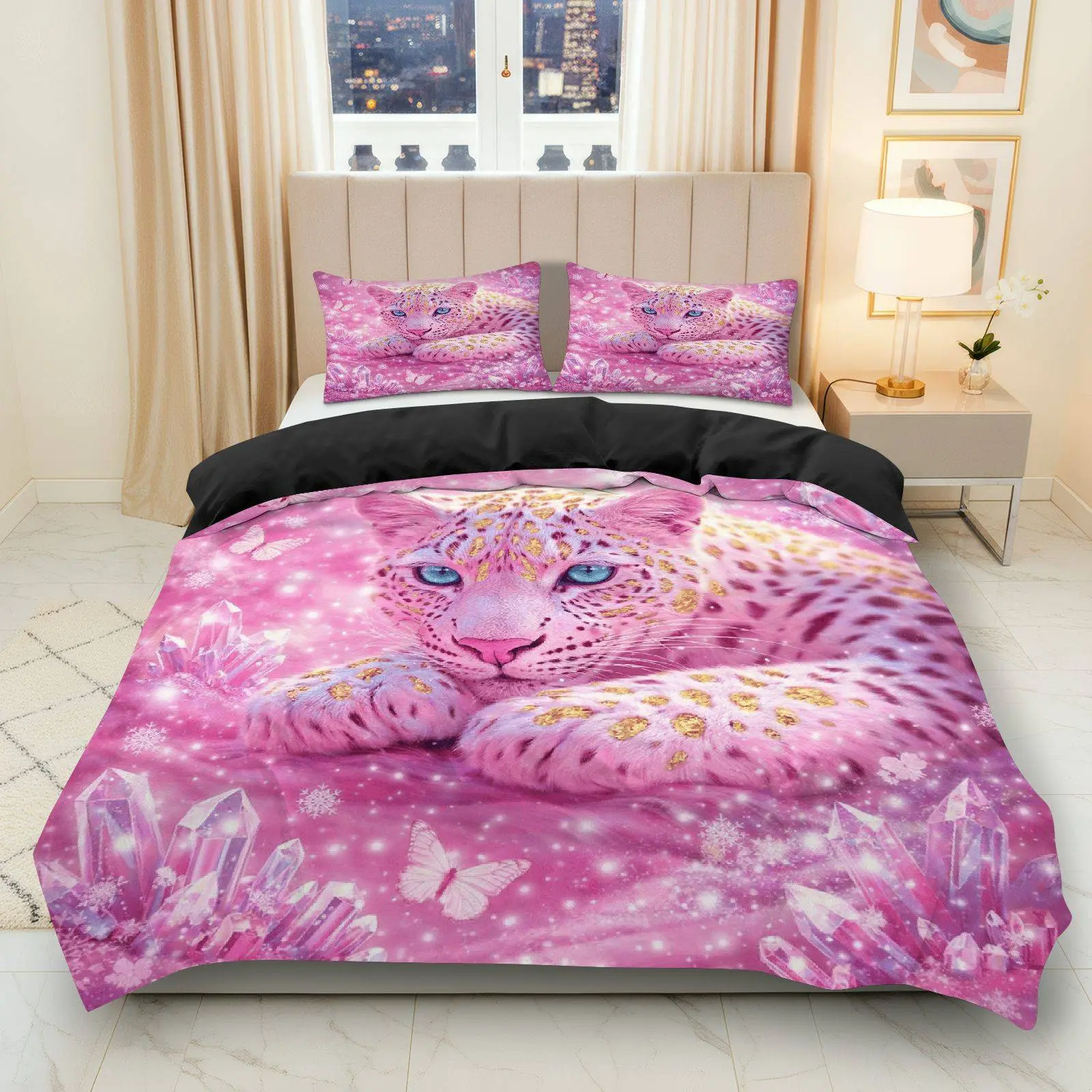 3PCS Duvet Cover Set, 1 Duvet+2 Pillowcases(Without filler), Leopard Crystal Butterfly Snowflake Fantasy theme, Christmas bedding set, Pink Animal Print Suitable for decoration Bedroom, Hotel, Guest Room, Dorm