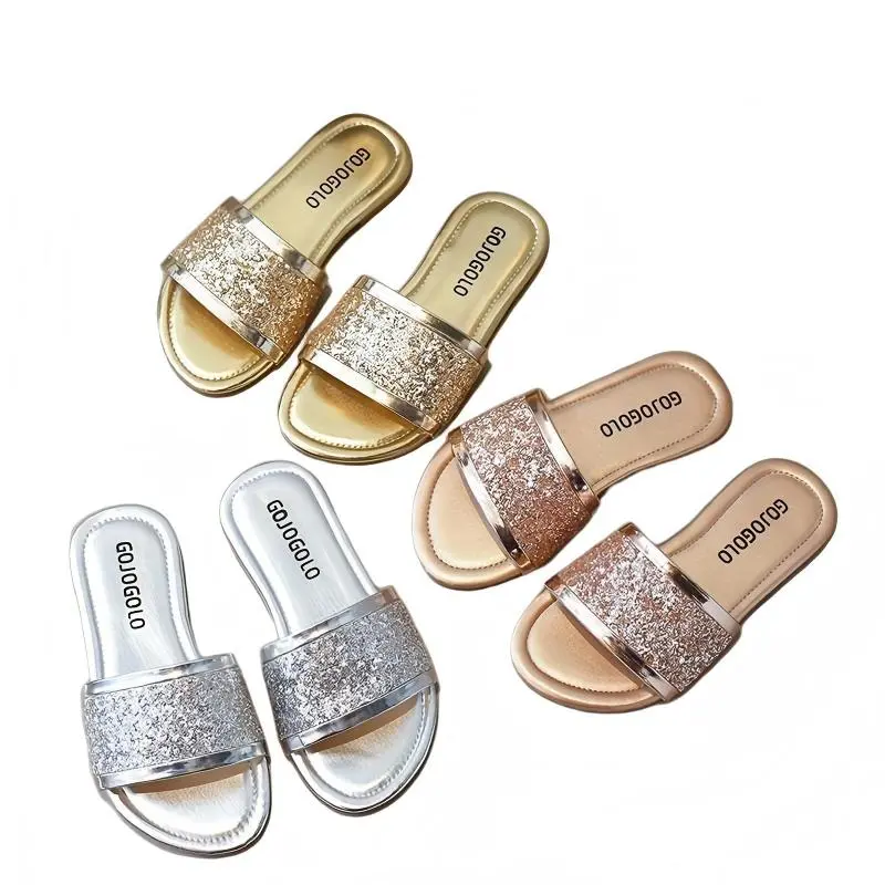 Girls' Decorative Sparkling Glitter Rhinestone Sequins Princess Round Toe Slip On Slide Wedge Sandals - Synthetic PU Upper, Breathable, Non-Slip, Street Style | Ideal for Christmas Party, Holiday Gatherings | Stocking Stuffers
