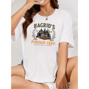 Hagrid's Pumpkin Farm Magically Grown Women's Cotton T-Shirt with Vintage Graphic Print Casual Loose Short Sleeve Tees for Daily Wear, St Lightweight Funny Top, Perfect for Fall Season Unisex Day Horror Movie Sweatshirt Sweetheart and Crew Neck T-Shirts