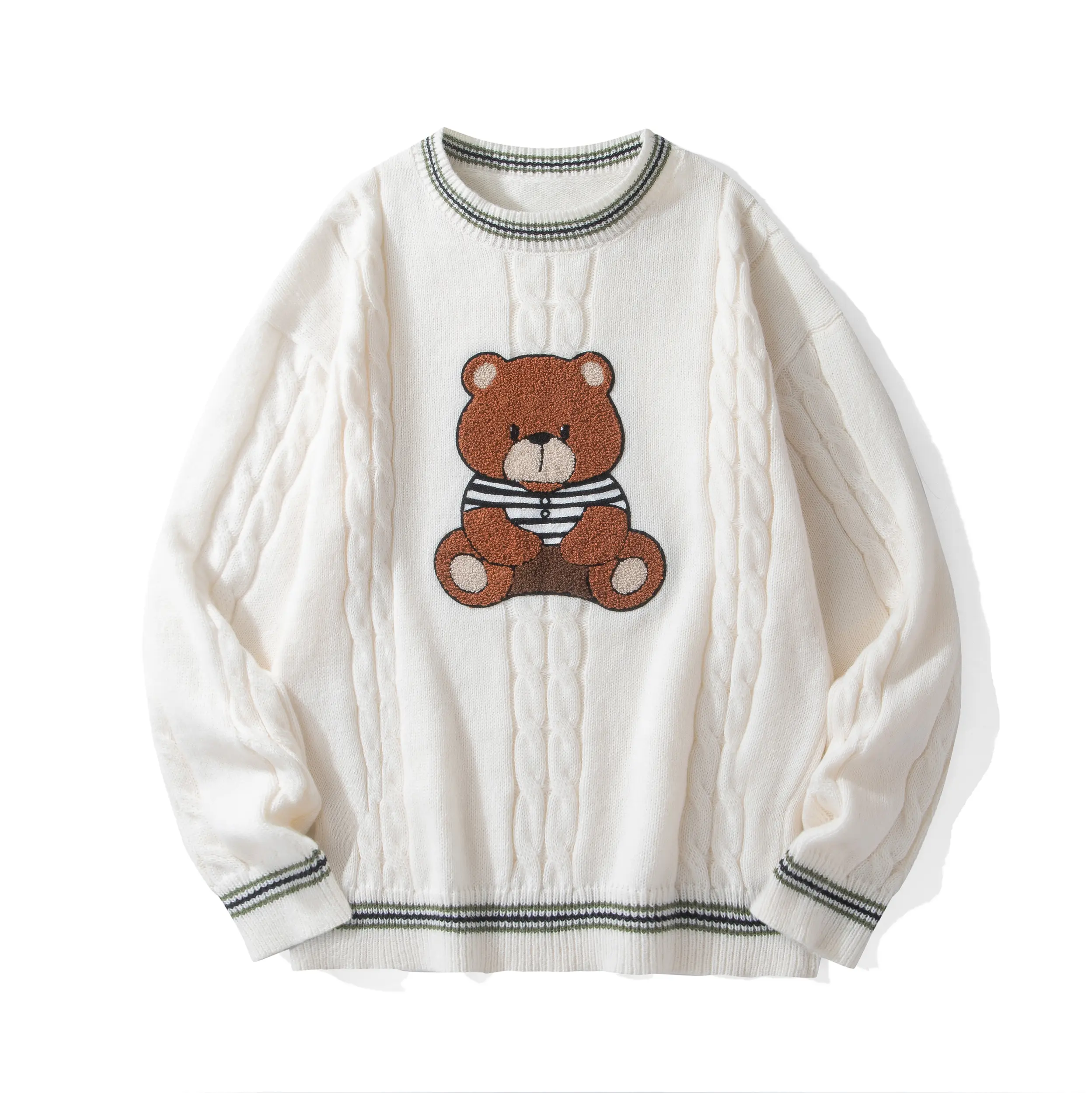 Women's Cute Brown Bear Cable Knit Sweater Preppy Striped Crewneck Pullover Top Y2K Soft Girl Kawaii Oversized Jumper Fall Winter Cozy Casual Long Sleeve Knitwear Korean Trendy Aesthetic Vintage Indie Streetwear