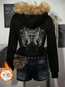 Women's Casual Zipper Warm Lining Punk Rock Graphic Wing Print Loose Y2K Vintage Long Sleeve Hoodie, Fall & Winter Fashion