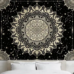 Boho Black Mandala Tapestry Wall Hanging for Bedroom, Vintage Bohemian Indian Ceiling Tapestries, Astrology Space Constellation Wall Decor for Living Room 80in × 60in