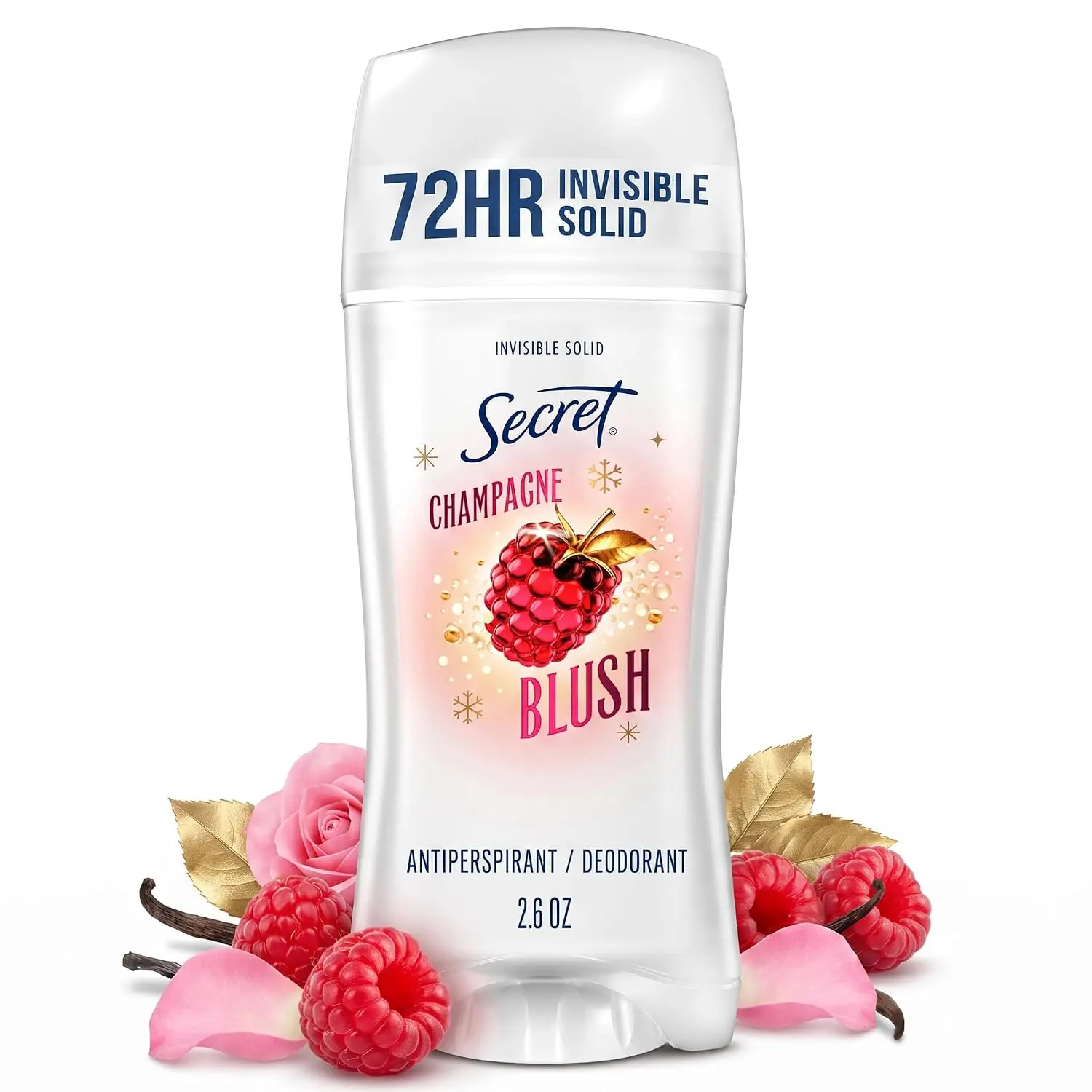 Secret Fresh Antiperspirant Deodorant for Women, 72hr Breathable Odor Protection with Pro-Hyaluronic Acid, Holiday Invisible Solid, Champagne Blush with Berries, Sugared Rim & Rose Petals Scent, 2.6oz