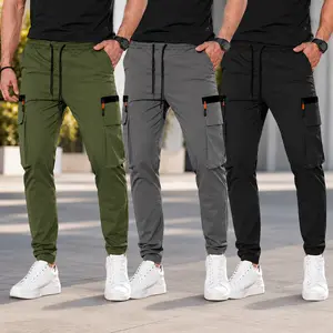 3-pack men’s solid-color plus-size tactical work pants featuring multiple pockets and faux zipper details; durable outdoor training pants available in various colors, suitable for fishing, outdoor activities, work, hiking, and camping, ideal for spring an