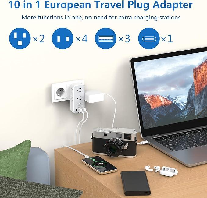 European Travel Plug Adapter, International Power Plug Adapter with 6 Outlet 4 USB(1 USB C), Type C Plug Adapter Travel Essentials to Most Europe EU Italy Spain France Germany Switzerland Portugal