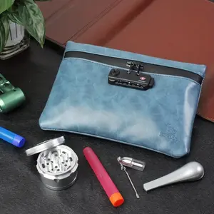 FIREDOG PU Leather Smell Proof Pouch with Lock Carbon Lined Container Case Portable Storage Bag for Accessories No Electricity Needed Organiser Blue RT16766