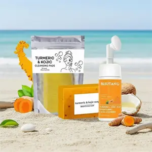3 in 1: Turmeric Cleansing and Care 3-piece Set, including 1 turmeric cleansing mousses (new and old packaging shipped randomly), turmeric slices, kojic turmeric face soap for facial cleansing and skin care