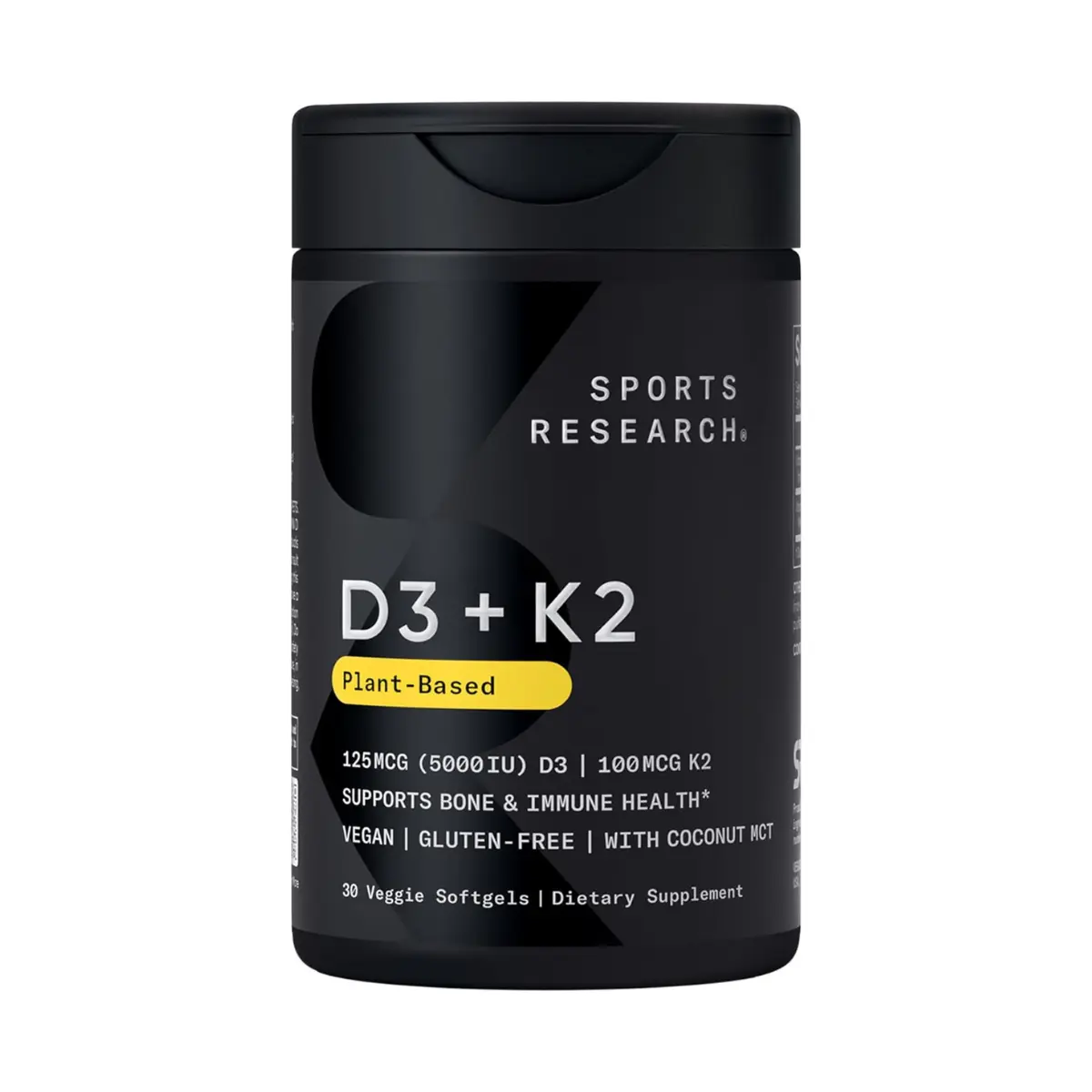 Sports Research Vegan Vitamin D3 + K2 w/Coconut Oil, 30 Count Plantgels | Plant-Based Vitamin D 5000iu/125mcg & Soy-Free Vitamin K 100mcg for Bone & Immune Support - Vegan Certified · Non-GMO