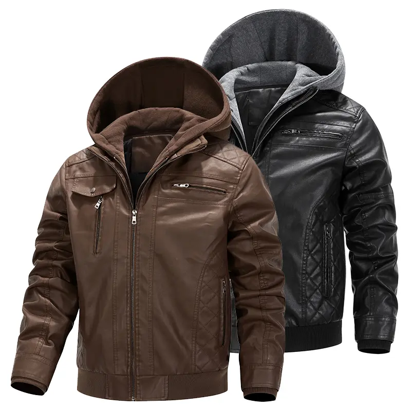 Men's Brown PU Leather Hooded Neck Motorcycle Coat with Removable Hood, Retro Basics Casual Raincoat