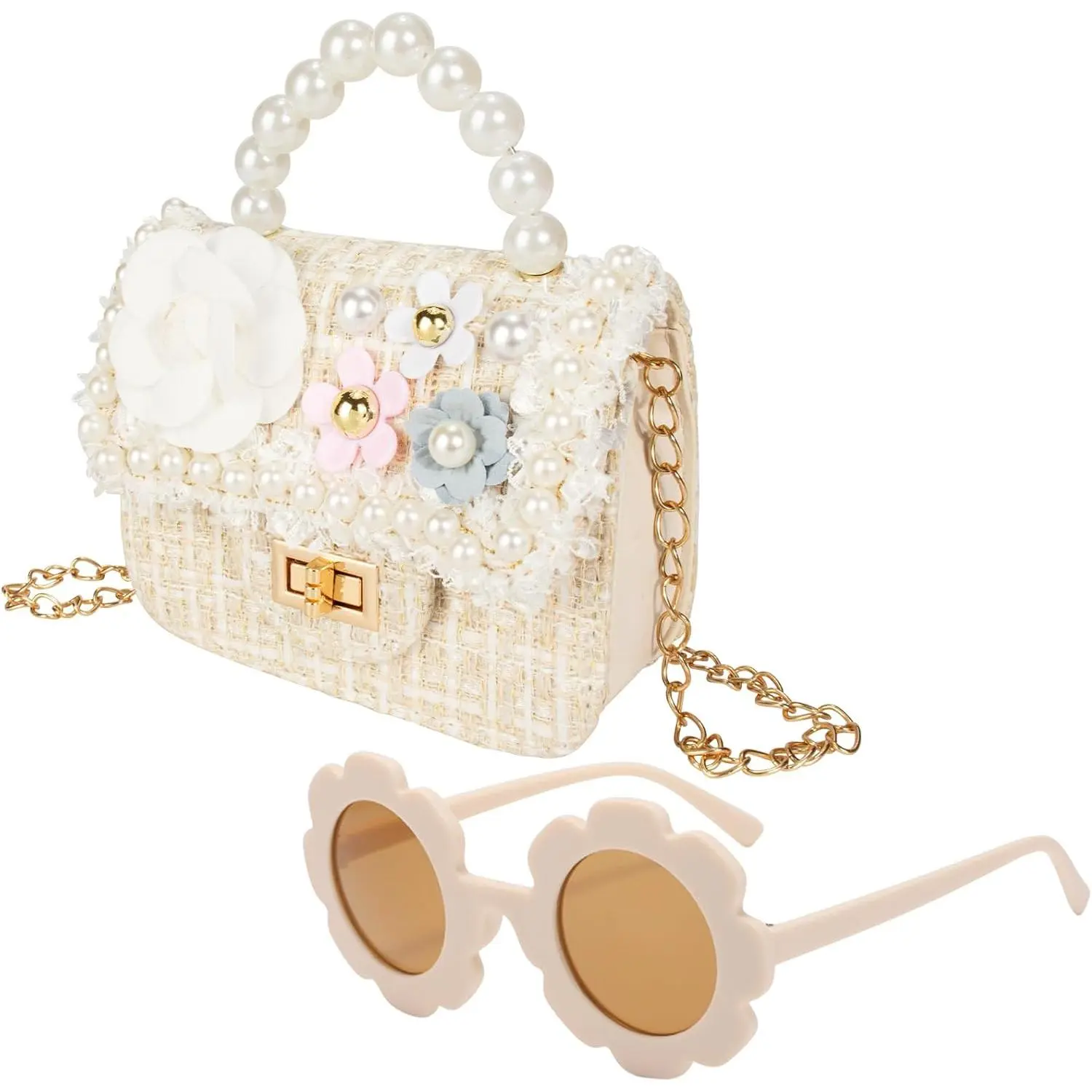 Cute PU Leather Princess Micro Bag for Toddler Girls, Crossbody Handbag with Pearl Flowers and Sunglasses Set