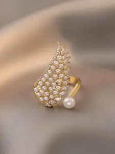 Women's Elegant Faux Pearl & Rhinestone Decor Promise Ring, Ballerina Ring, Exquisite Trendy Wing Design Wedding Ring, Fashionable Luxury Jewelry for Women As Gift, Elegant Fashion Rings