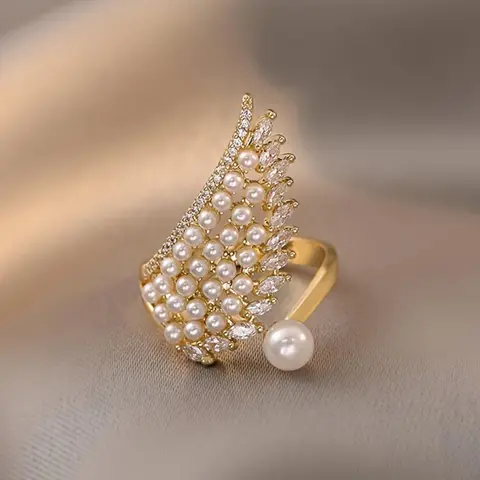 Women's Elegant Faux Pearl & Rhinestone Decor Promise Ring, Promise Ring Gf, Ballerina Ring, Exquisite Trendy Wing Design Wedding Ring, Fashionable Luxury Jewelry for Women As Gift, Elegant Fashion Rings, Beautiful Rings