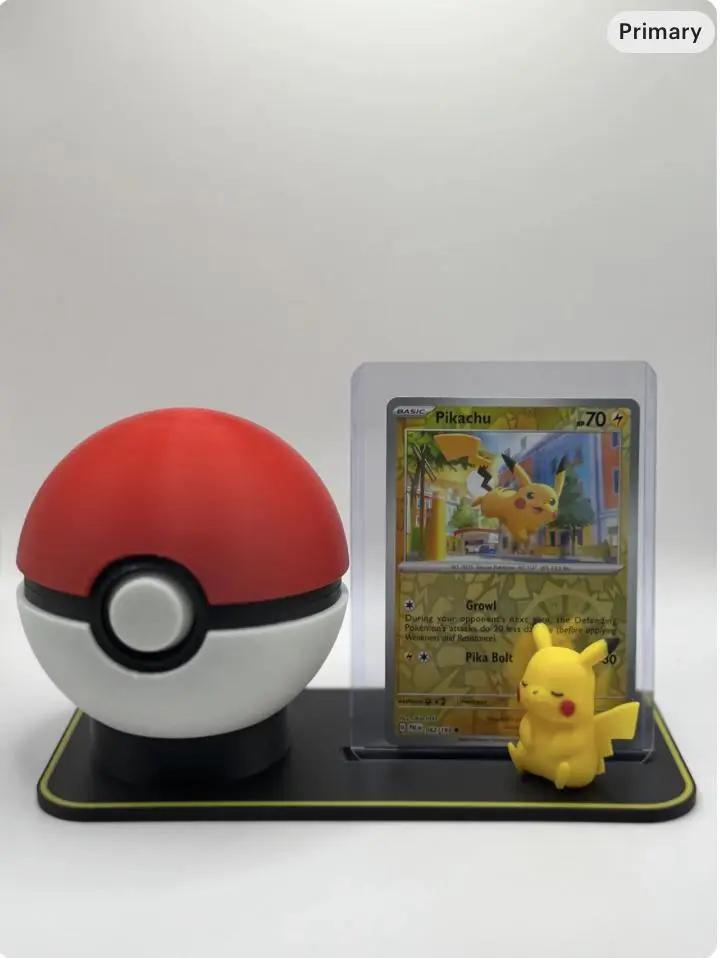 Pokémon Pikachu Card Stand – 3D Printed Display with Pokéball Holder and Pikachu Figure | TCG Desk Display for Collectors