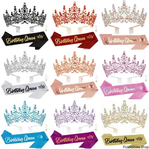 Baroque Rhinestone Birthday Queen Sash With Pin And Crown Tiara Headband Set Shiny Rhinestone Decorations For Birthday Parties Comfortable Wearable Accessories Create Elegant Celebration Atmosphere For Festive Party Scenes