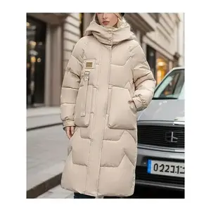 Women's Casual Long Hooded Jacket - Thick, Warm Puffer Coat with Pockets Fall/Winter, Machine Washable Collar Womenswear