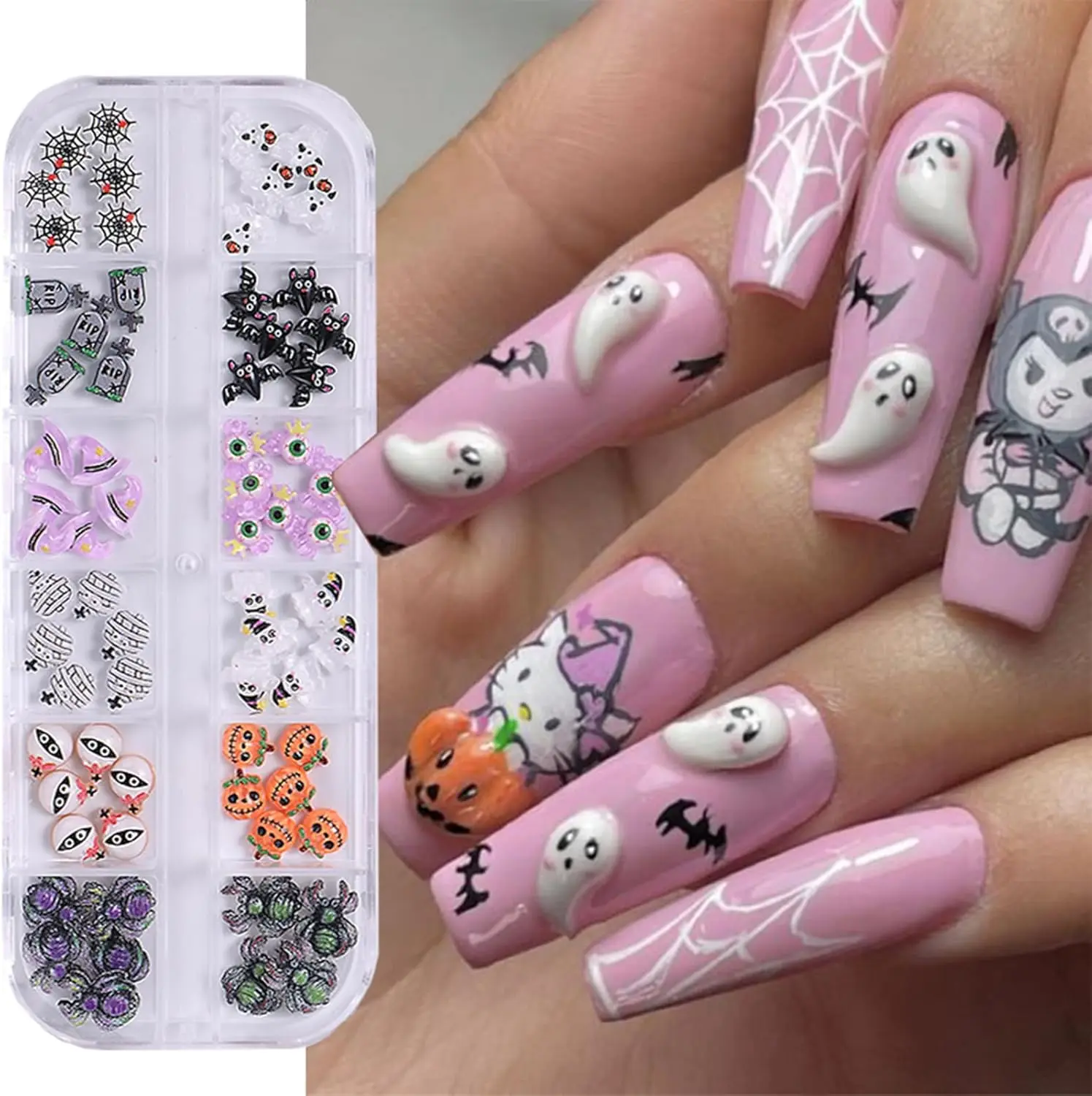 3D Halloween Gift Nail Charms Set – Spider, Ghost, Bat, Eyes, Hat & Web Acrylic Flatback Nail Art Accessories for DIY Nails & Crafts