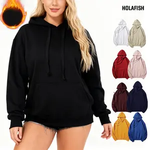 Holafish Women's Fleece Hoodies Sweatshirts Unisex Long Sleeve Pullover Sweatshirt Tops Loose Pullover Shirts with Pocket Casual Korean Minimalist Style Winter Medium Length Cozy Fabric